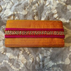 Orange and hot pink small envelope clutch made from silk with embellishment NWOT